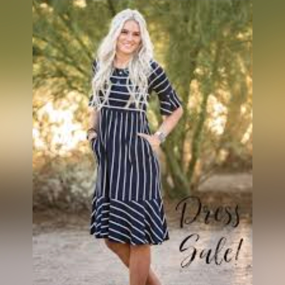 Hailey & Co Dark Gray and White Striped Midi Dress with Pockets